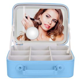 Travel Makeup Bag With 3 Light Colors Dimmable Brightness LED Mirror Detachable 10X Magnifying Mirror Adjustable Dividers Portable Waterproof Cosmetic (Color: Blue)