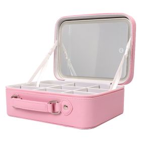 Travel Makeup Bag With 3 Light Colors Dimmable Brightness LED Mirror Detachable 10X Magnifying Mirror Adjustable Dividers Portable Waterproof Cosmetic (Color: Pink)